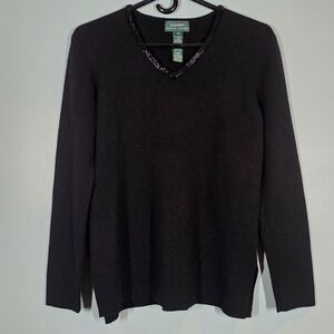 Lauren Ralph Lauren Cashmere Blend V-Neck Sweater Black Sz M Sequin Detail Knit